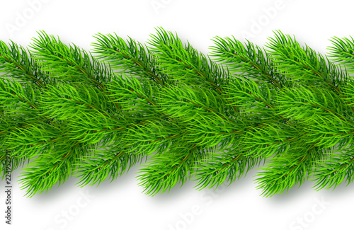 Seamless realistic Christmas garland from fir tree branches with shadow