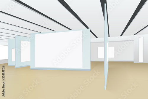 panorama of empty hall of the picture gallery with boards for paintings, photographs and other exhibits, white isolated places for pictures, the striped ceiling and shadows on a brown floor