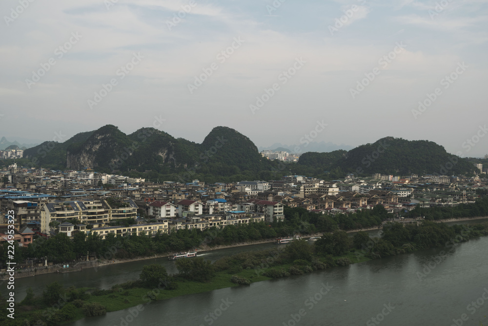 Li river & Guilin downtown view from Fubo hill with karst mountain - Guilin, China 