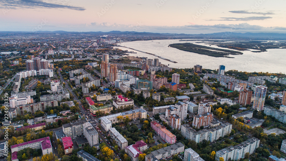 Khabarovsk, the city center . the view from the top. filmed with a drone . Lenin square, Dynamo Park, Ussuri Boulevard