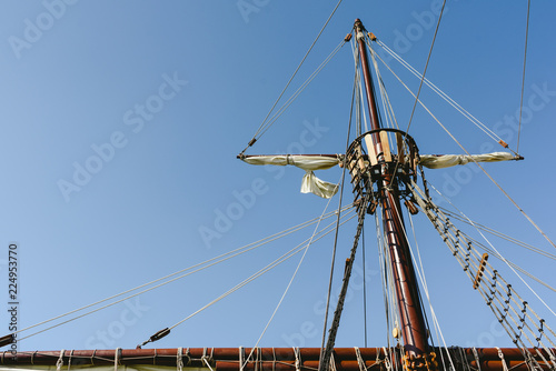 Sails and ropes of the main mast of a caravel ship, Santa María Columbus ships