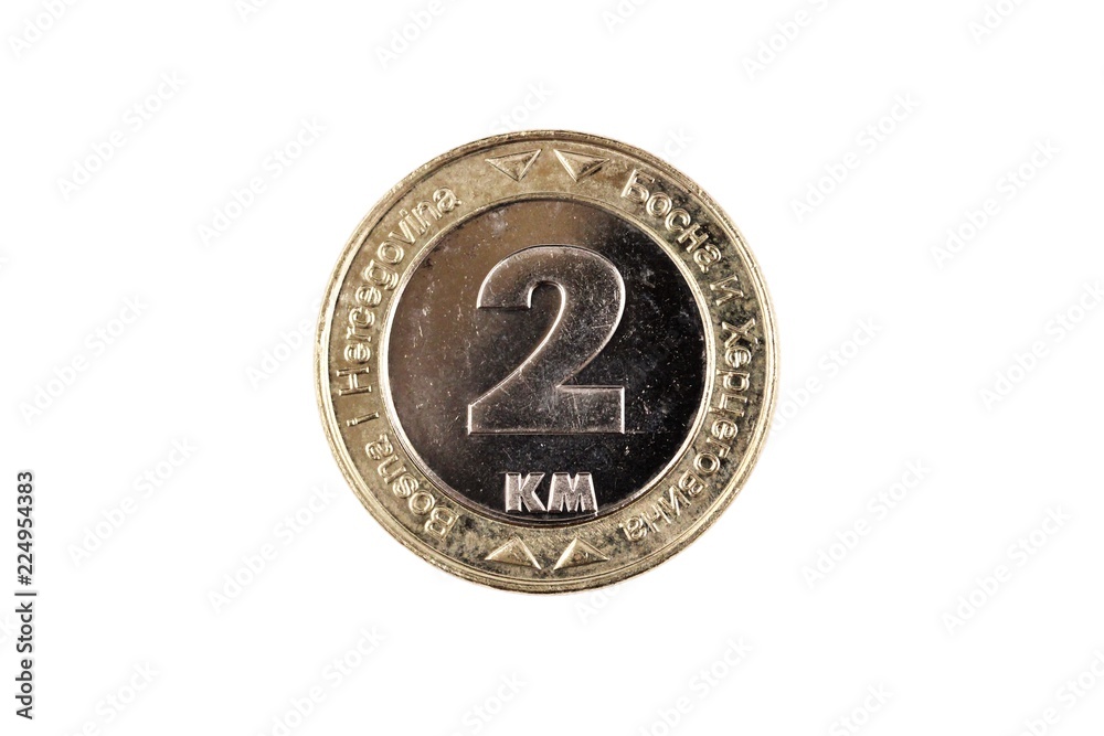 A macro image of a Bosnian 2 convertible mark coin isolated on a white background A macro image of a Bosnian 2 convertible mark coin isolated on a white background