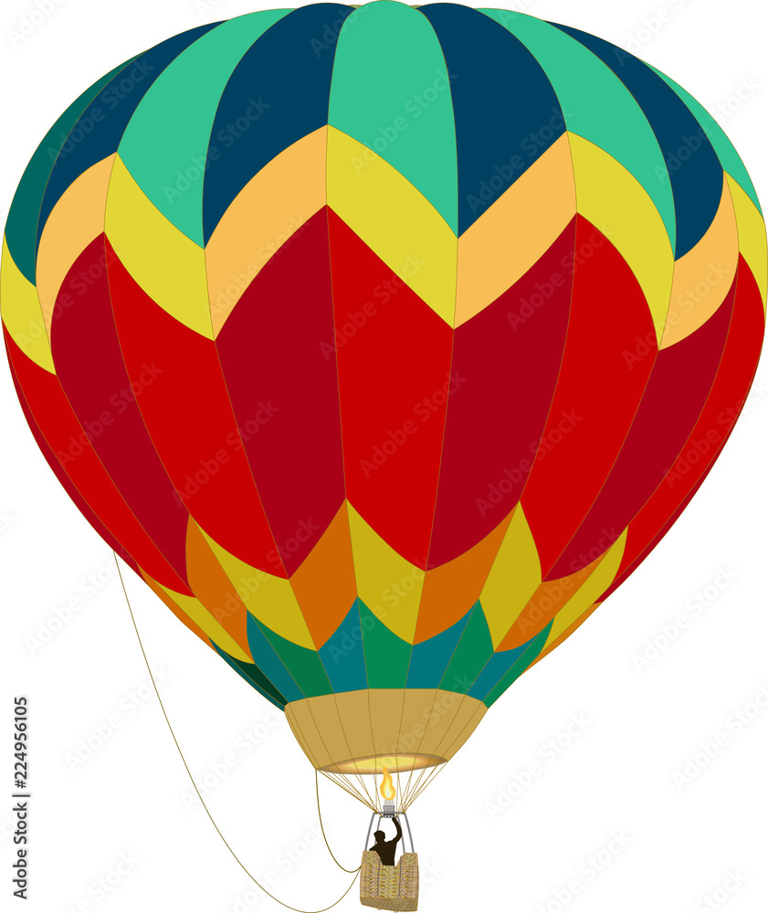 Fototapeta premium balloon with a basket and a flame from a burner, hovers in a blue sky