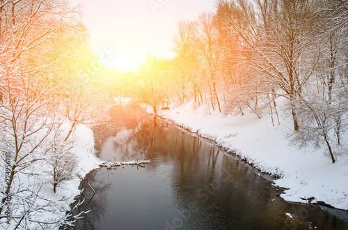 Winter landscape with the river in frosty day © cezarksv