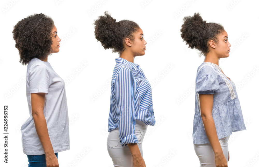 Obraz premium Collage of african american woman over isolated background looking to side, relax profile pose with natural face with confident smile.