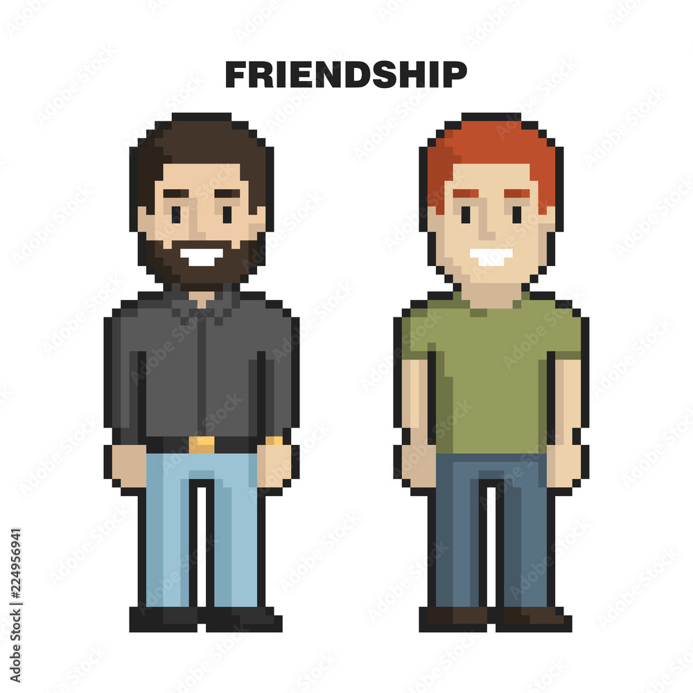 Male friendship. Two friends pixel art on white background. Vector illustration. Male friendship. Two friends pixel art on white background. Vector illustration.