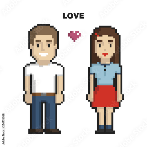 Couple in love pixel art on white background. Vector illustration.
