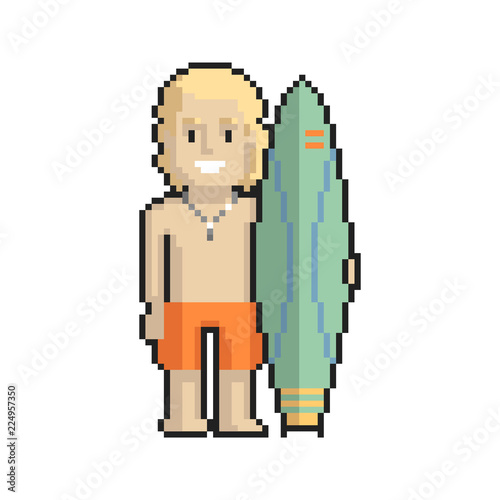 Surfer pixel art on white background. Vector illustration.