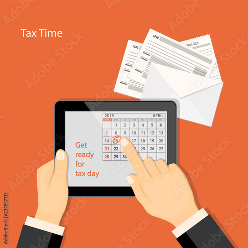 tax time with April 2019 page in tablet and showing finger