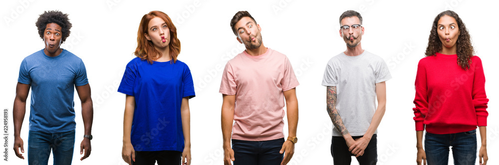 Composition of african american, hispanic and caucasian group of people over isolated white background making fish face with lips, crazy and comical gesture. Funny expression.