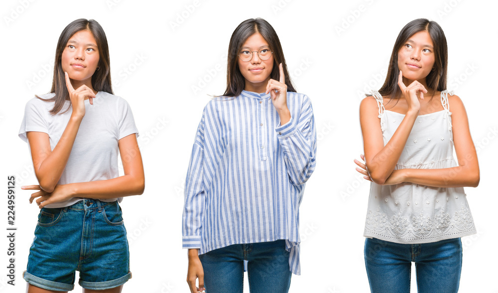 Collage of asian young woman standing over white isolated background with hand on chin thinking about question, pensive expression. Smiling with thoughtful face. Doubt concept.