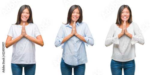 Collage of asian young woman standing over white isolated background praying with hands together asking for forgiveness smiling confident.