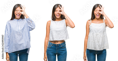 Collage of asian young woman standing wearing glasses over white isolated background doing ok gesture with hand smiling  eye looking through fingers with happy face.