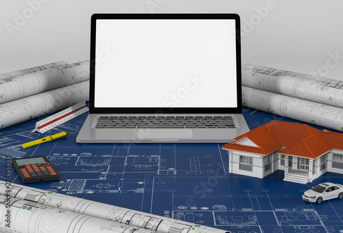 Construction plans with laptop and House, Architectural and engineering housing concept. 3d render