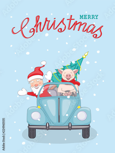 Christmas card with santa and piggy in retro car