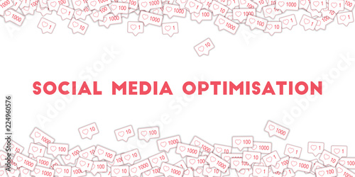Social media icons. White concept. Falling pink like counter. Scattered border elements on transpare