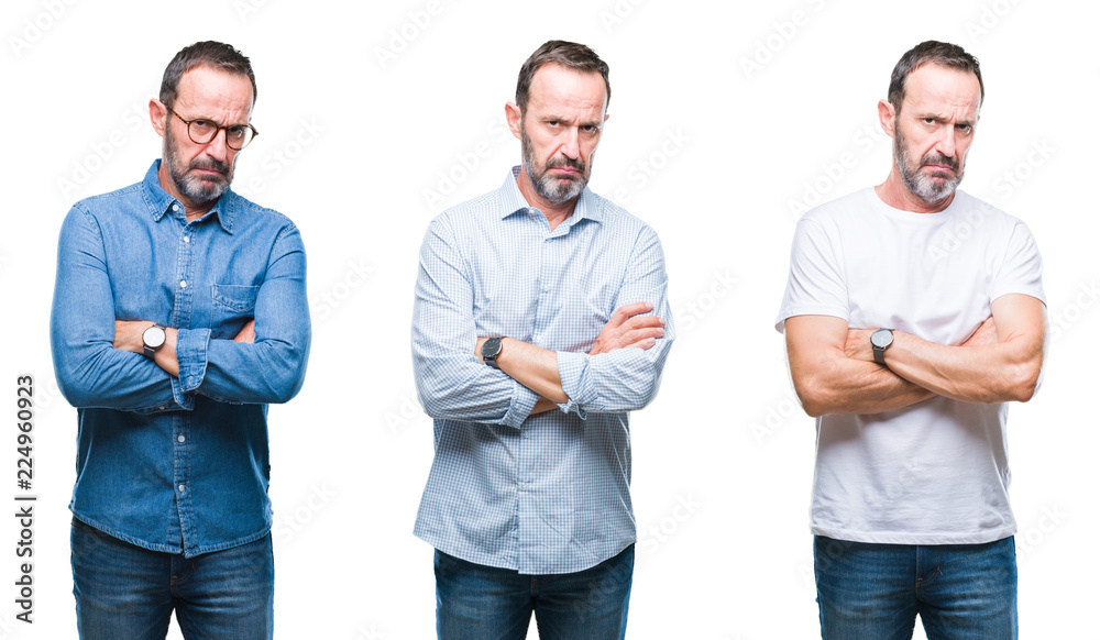 Collage of handsome senior hoary man standing over isolated background skeptic and nervous, disapproving expression on face with crossed arms. Negative person. Collage of handsome senior hoary man standing over isolated background skeptic and nervous, disapproving expression on face with crossed arms. Negative person.