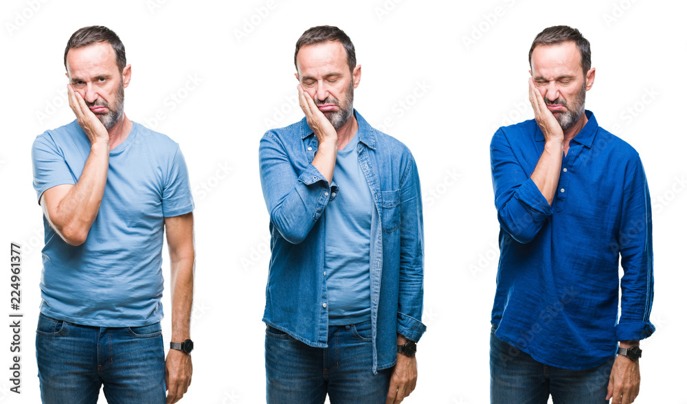 Collage of handsome senior hoary man standing wearing blue shirt over isolated background thinking looking tired and bored with depression problems with crossed arms. Collage of handsome senior hoary man standing wearing blue shirt over isolated background thinking looking tired and bored with depression problems with crossed arms.