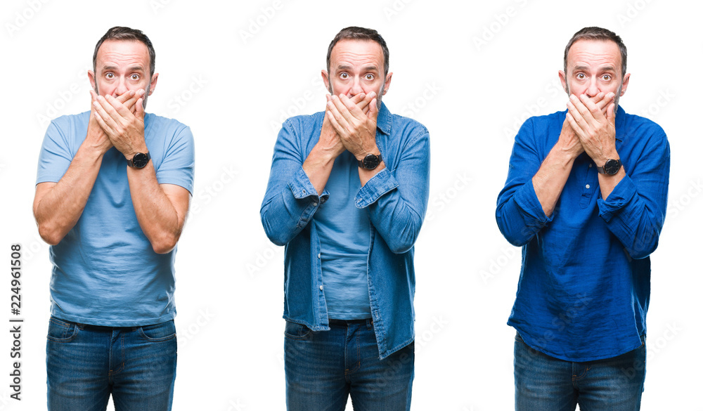 Collage of handsome senior hoary man standing wearing blue shirt over isolated background shocked covering mouth with hands for mistake. Secret concept.