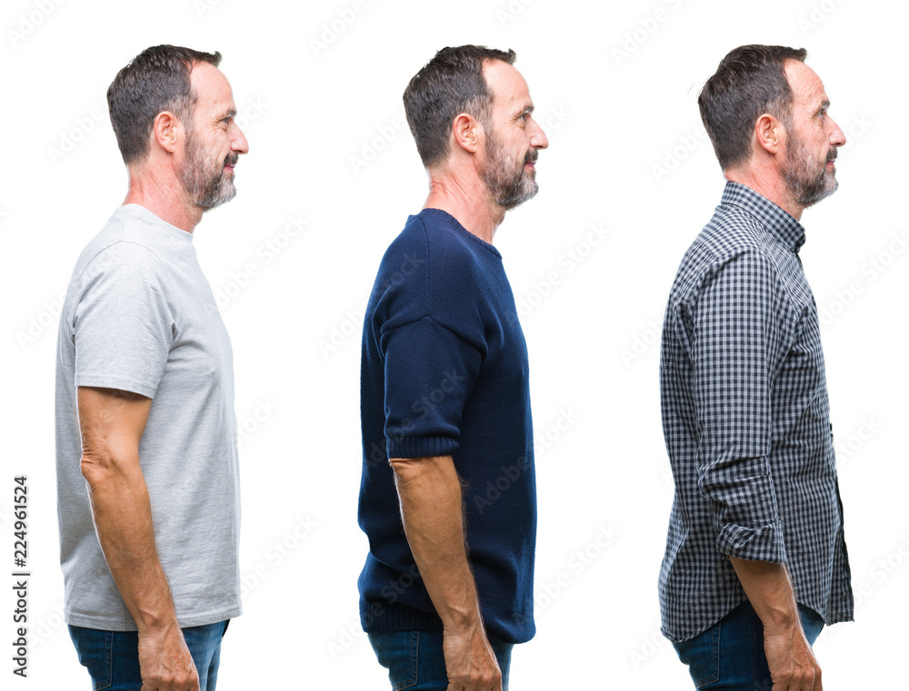 Collage of handsome senior hoary man standing over isolated background looking to side, relax profile pose with natural face with confident smile. Collage of handsome senior hoary man standing over isolated background looking to side, relax profile pose with natural face with confident smile.
