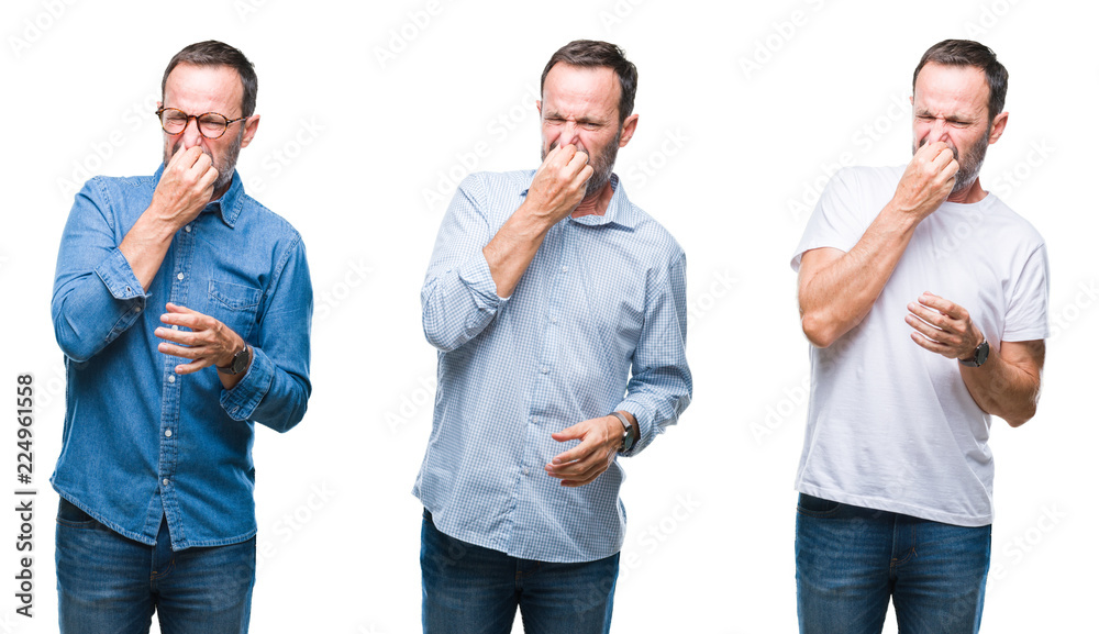 Collage of handsome senior hoary man standing over isolated background smelling something stinky and disgusting, intolerable smell, holding breath with fingers on nose. Bad smells concept. Collage of handsome senior hoary man standing over isolated background smelling something stinky and disgusting, intolerable smell, holding breath with fingers on nose. Bad smells concept.