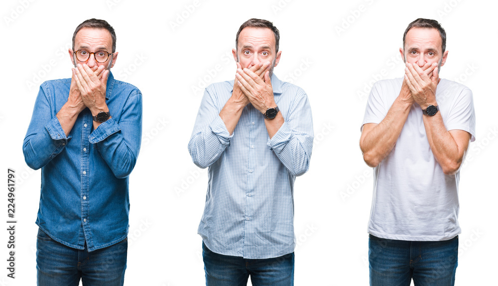 Collage of handsome senior hoary man standing over isolated background shocked covering mouth with hands for mistake. Secret concept. Collage of handsome senior hoary man standing over isolated background shocked covering mouth with hands for mistake. Secret concept.