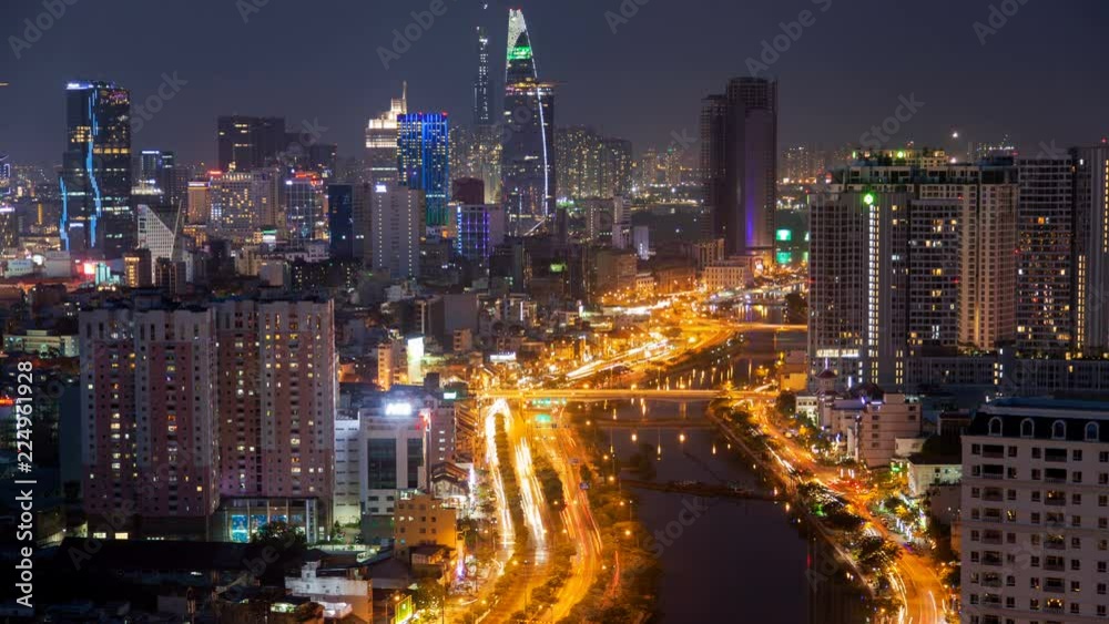 Ho Chi Minh city aerial cityscape, Vietnam sunset timelapse