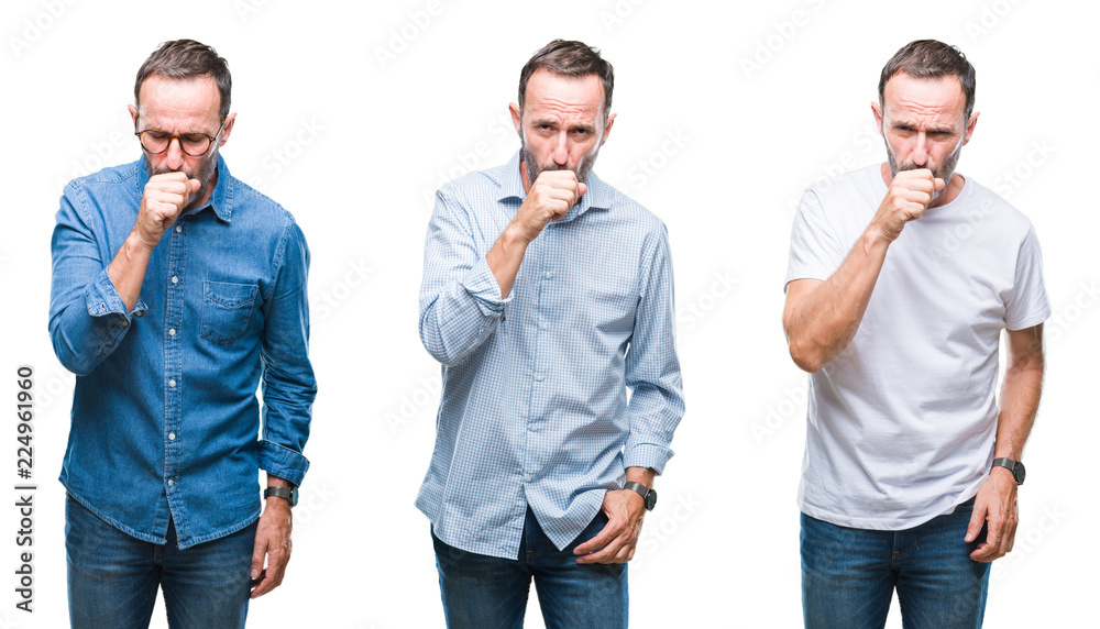 Collage of handsome senior hoary man standing over isolated background feeling unwell and coughing as symptom for cold or bronchitis. Healthcare concept. Collage of handsome senior hoary man standing over isolated background feeling unwell and coughing as symptom for cold or bronchitis. Healthcare concept.