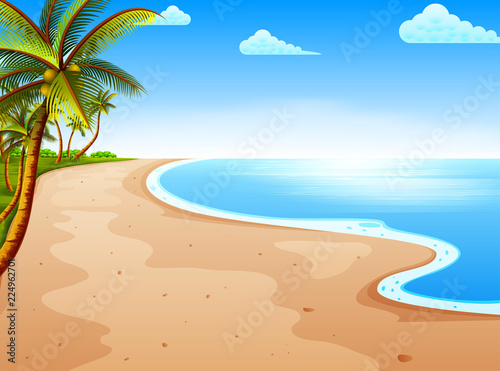 the tropical beach view with the beautiful blue sky and coconut tree 
