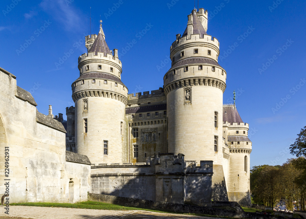 Medieval castle of Pierrefonds, Picardy, France. Exterior with crenelations and turrets