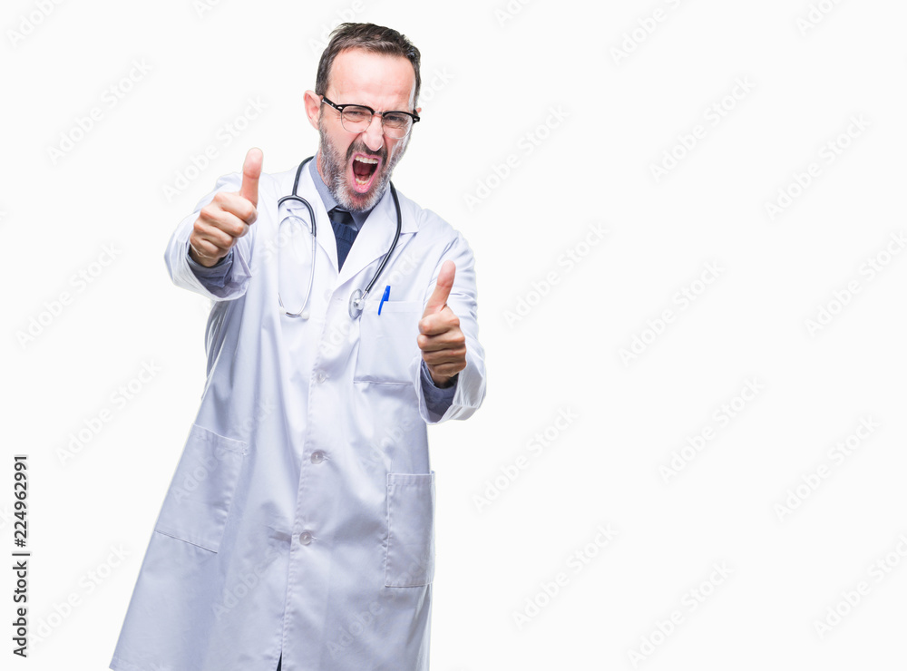 Middle age senior hoary doctor man wearing medical uniform isolated background approving doing positive gesture with hand, thumbs up smiling and happy for success. Looking at the camera, winner Middle age senior hoary doctor man wearing medical uniform isolated background approving doing positive gesture with hand, thumbs up smiling and happy for success. Looking at the camera, winner