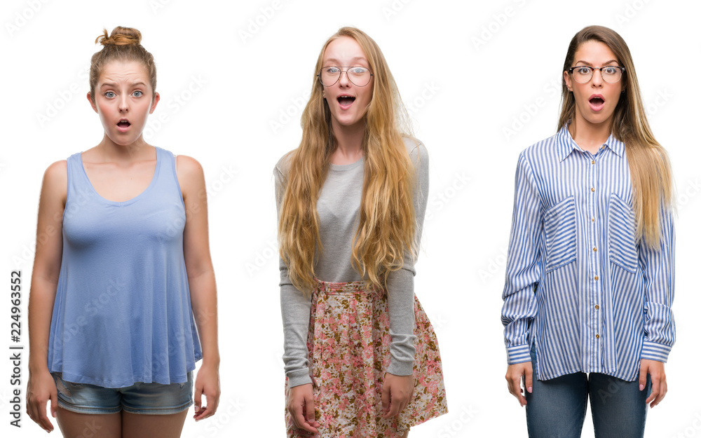 Collage of group of blonde women over isolated background afraid and shocked with surprise expression, fear and excited face.