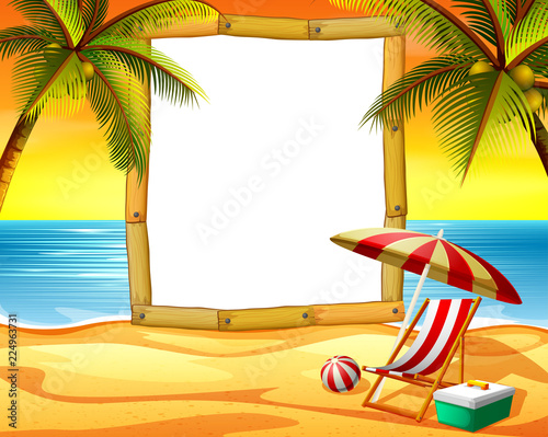 the wooden frame blank space with the sunset beach background and some coconut trees
