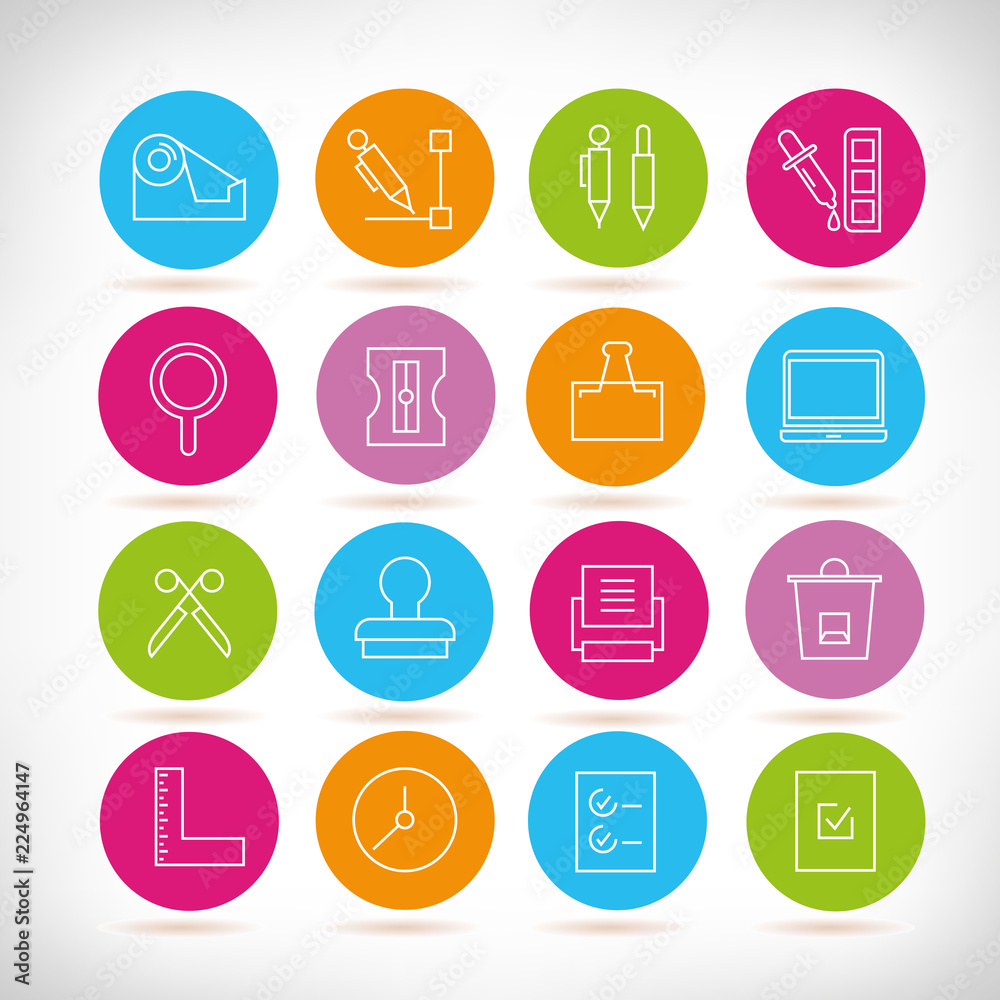 office supply and stationery icons in colorful buttons office supply and stationery icons in colorful buttons