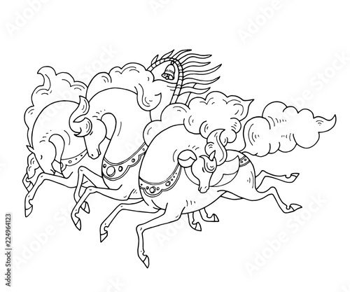 Vector contour line three Russian horses in russian style. Troika galloping horses in black outline on white background.