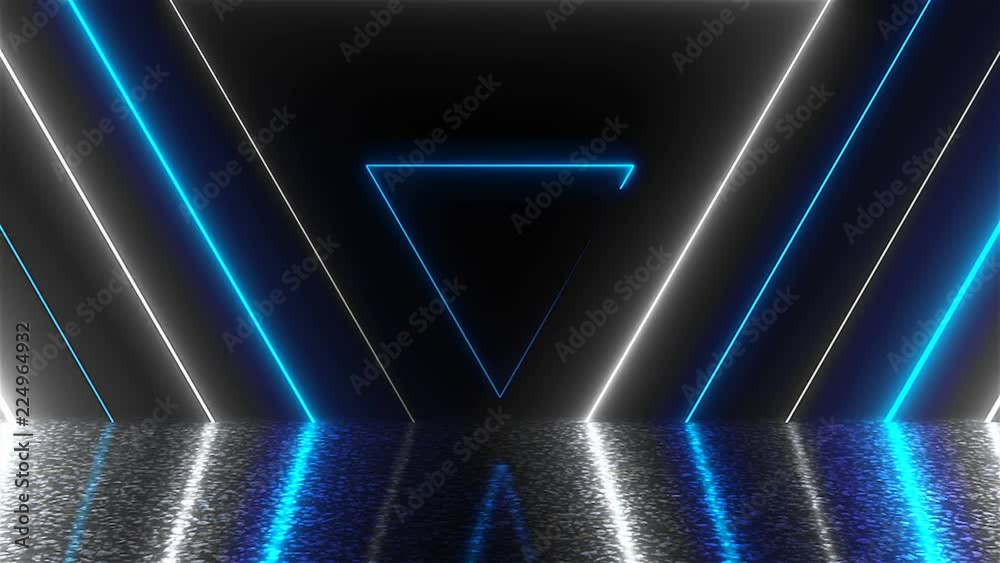 Abstract triangles neon tunnel with reflection, computer generated background, 3D render background