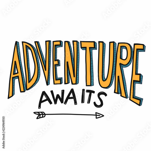 Adventure awaits word vector illustration yellow color cartoon font style