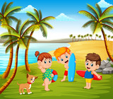 the beautiful sunny day in the beach and the children playing together with some pets 
