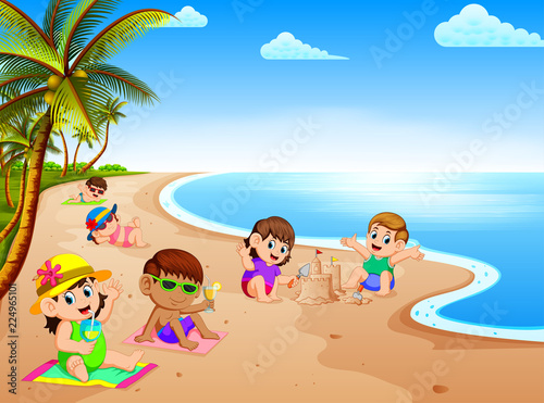 the summer vacation in the beach with the children relax and playing near the beach 