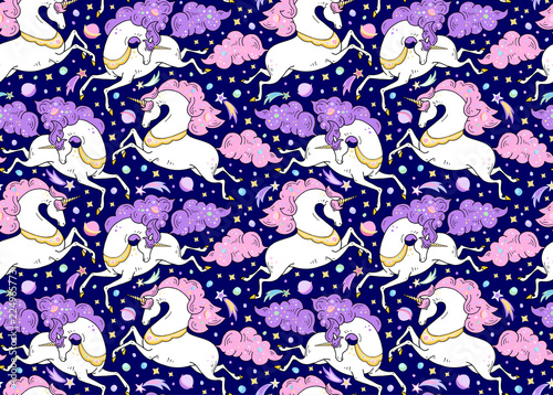 Vector seamless pattern with mythical animals. Galloping cute white unicorns with golden horn, pink, violet mane, tail.