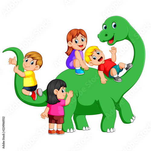 the children playing on the apatosaurus body and get into it with their friend with the big green dinosaur
