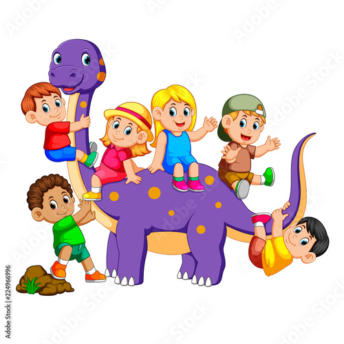 the children get into the brontosaurus and playing on his body some of the holding his tail 
