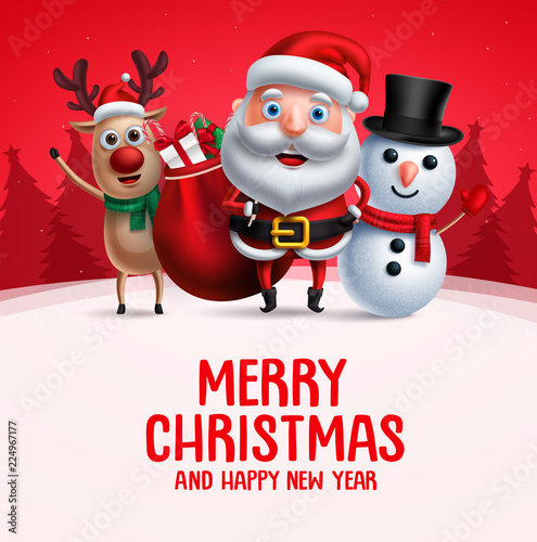 Merry christmas greeting with christmas vector characters. Santa claus, reindeer and snowman carrying christmas gift waiving hand in red background. Vector illustration.
