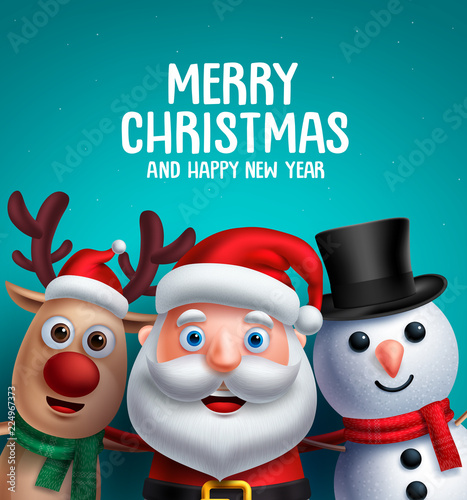 Christmas characters vector illustration and merry christmas greeting. Santa claus, reindeer and snowman smiling in blue background with space for text.
