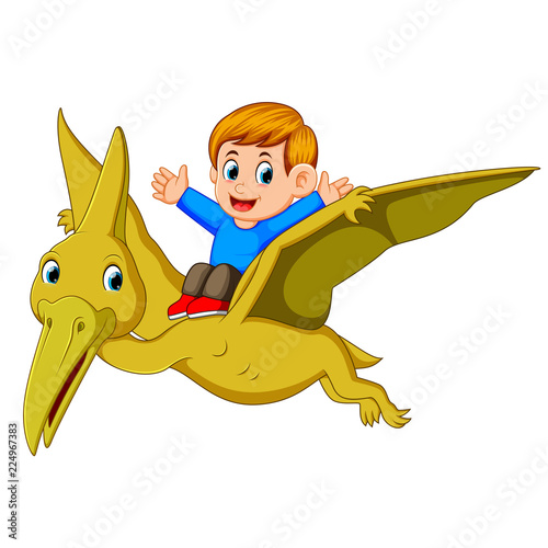 the boy sitting on the big pterodactylus and open his hand 
