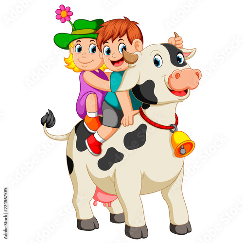 the children get into the cow and ride it when the boy hold the horn 
