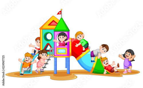 the children playing in the playground with their friend with the happy faces 
