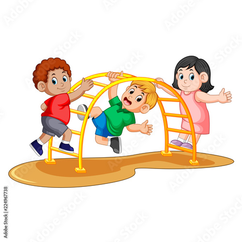 kids playing climbing metal monkey bar on backyard