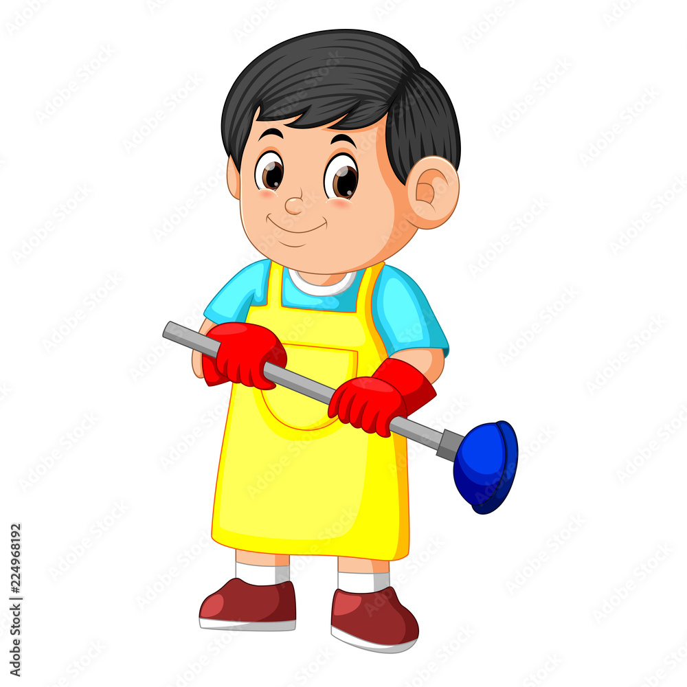 cleaning service holding plunger and wearing apron cleaning service holding plunger and wearing apron