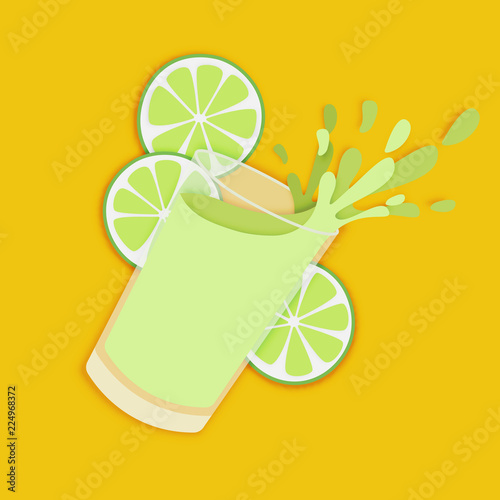 Glass of fresh lime juice paper art style. Fruit and vegetable drinks are good for your life. Vector illustration.